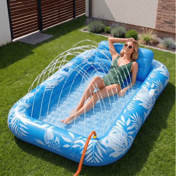 Inflatable Tanning Pool Lounger Extra-Wide with Integrated Cooling Sprinkler – 77" x 48" Sunbathing Float & Personal Soak Tub for Adults, Heavy Duty 6-in-1 Water Oasis for Backyard & Poolside