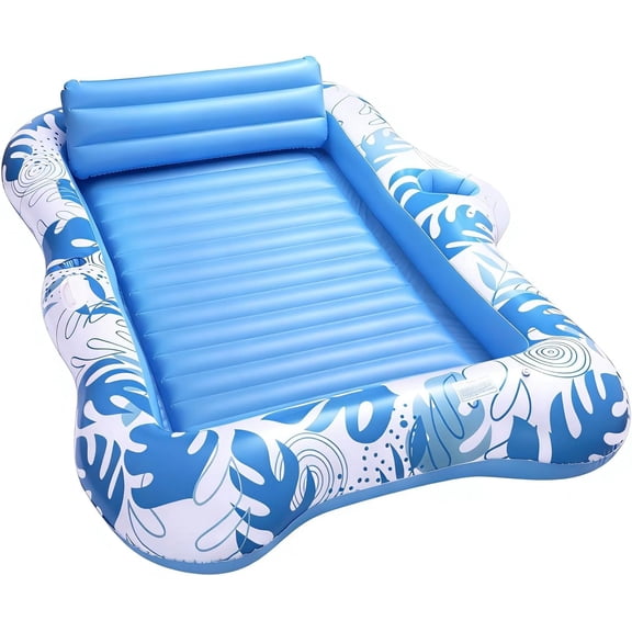 Inflatable Tanning Pool Lounger Float for 2 Person, Extra Large Floating Lounge Chair with Cup Holders, 2-in-1 Sunbathing Raft & Pool Float for Adults, Portable Airbed for Beach, Lake, Backyard