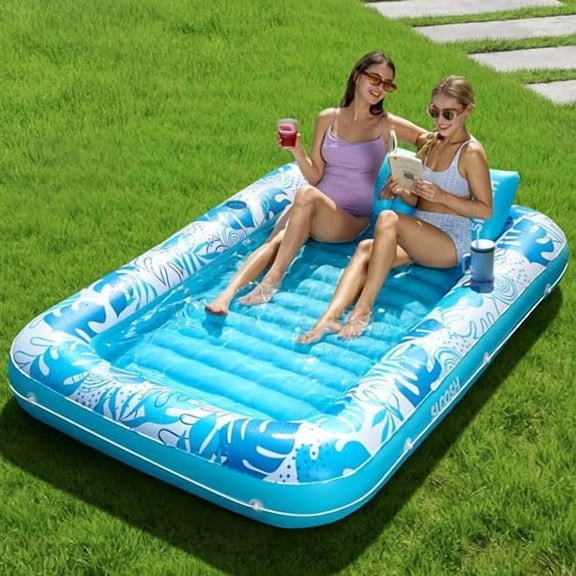 Inflatable Tanning Pool Lounger Float, 70" x 46" Pool Floats Adult with Pillow, 4 in 1 Suntan Tub Raft Floatie,Sunbathing Bed Lounge, Blue