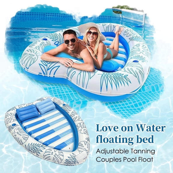 Inflatable Tanning Pool Lounger Float 80.7''*59" with Adjustable Pillow, 2 Cup Holder 2-in-1 Tanning Bed River Boat for Adults Dogs, Tanning Chair, Raft 250LBS for Beach, Lake, Backyard
