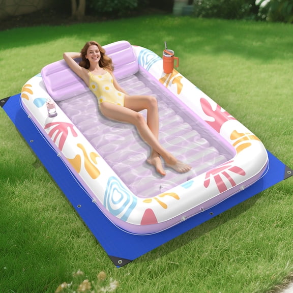 Inflatable Tanning Pool Lounger Float with Protection Tarp,70" x 46" Pool Floats Adult w/Pillow,6 in 1 Suntan Tub Floatie,Sunbathing Water Bed Lounge Blow Up Ball Pit Party Gifts-Pink Champagne