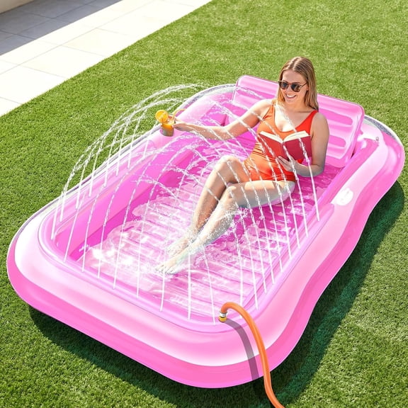 Inflatable Tanning Pool Lounger Float with Sprinkler, 77" x 48" Pool Floats Adult with Pillow, 6 in 1 Suntan Tub Raft Floatie with Drink Holder Sunbathing Water Lounge L