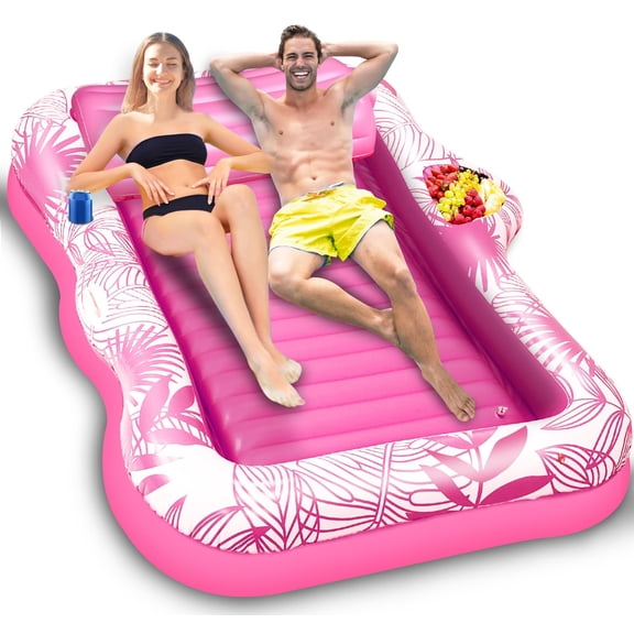 Inflatable Tanning Pool Lounger Float with Sprinkler, 78"x50" Large 2-Person Pool Float Adults with Backrest Cup & Food Holder Blow Up Tanning Bed for Summer Pool Beach Party (Pink/Blue)