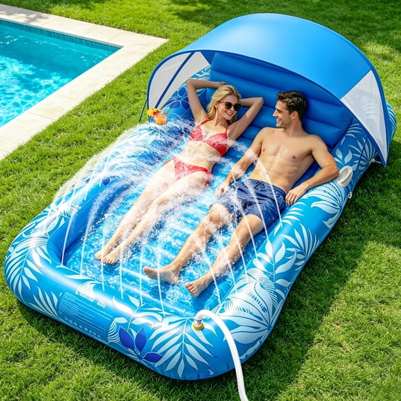 Inflatable Tanning Pool Lounger Float with Sprinkler & Canopy UPF50 , 77" x 48" Extra Large Tanning Pool Float for Adults, Sunbathing Water Lounge Bed with Pillow & Cup Holder for Backyard & Pool