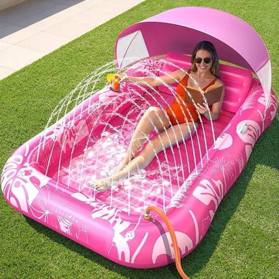 Inflatable Tanning Pool Lounger Float with Sprinkler and UPF50+ Canopy, 77 x 48 in Extra Large Sunbathing Water Lounge Bed with Pillow and Cup Holder for Adults, Backyard, Pool and Beach, Pink