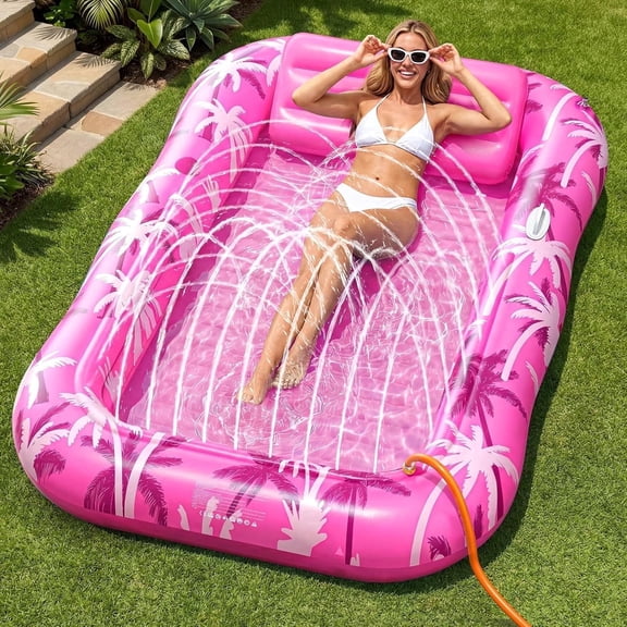 Inflatable Tanning Pool Lounger Float with Sprinkler, X-Large Pool Floats with Auto Spray Cooling, 6 in 1 Sunbathing Lounge Floatie Raft Toys, Blow Up Pool Tanning Bed for Adults Gifts