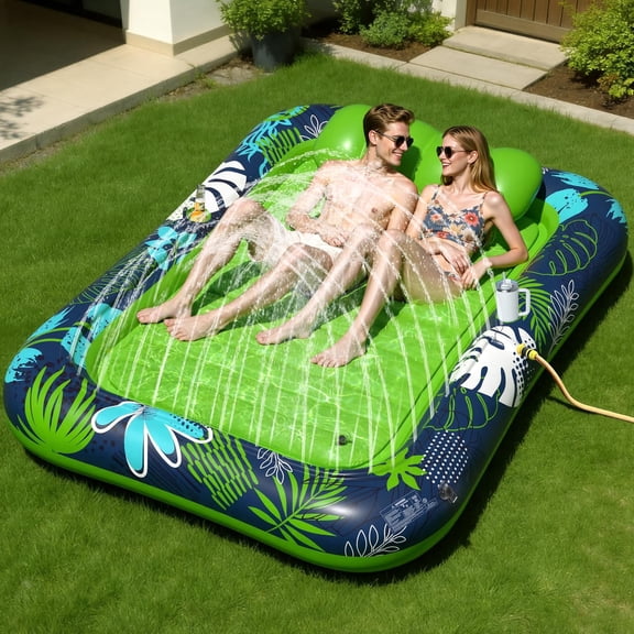 Inflatable Tanning Pool Lounger Float with Sprinkler, XXL Large Pool Floats Adult Heavy Duty 83" x 63", Suntan Tub Water Pool Lounge Rafts, River Lake Floaties Water Floats with Cup Holders