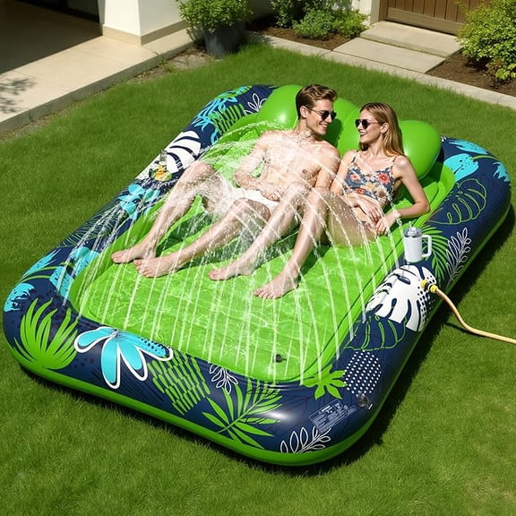 Inflatable Tanning Pool Lounger Float with Sprinkler, 83 x 63 in Adult Sunbathing Pool Float with Pillow and Cup Holders, Green