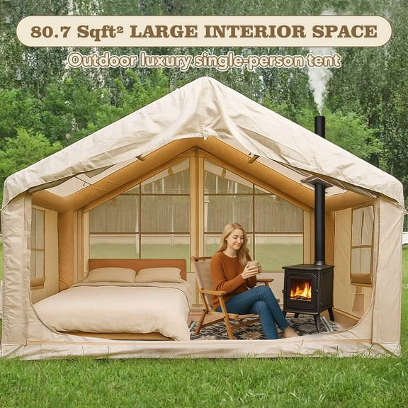 6-8 People Inflatable Tent for Camping , Easy Setup Blow Up Tent with Stove Jack , Waterproof Air Tent Portable for Party