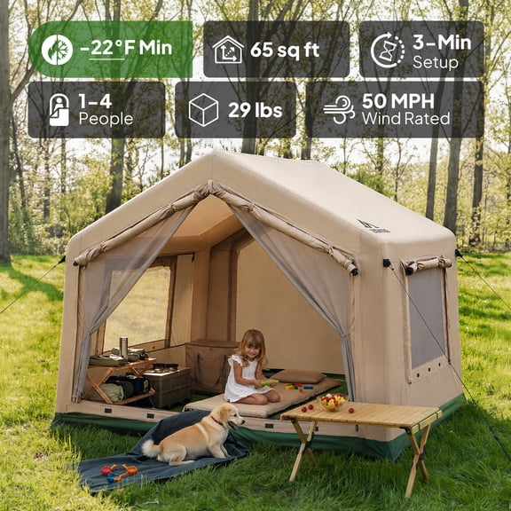 Inflatable Tent for Camping with Pump 1-4 Person Portable Blow up Tent 65 sq ft Waterproof Air Glamping Tents 3-Min Quick Setup 4 Season Inflatable Tent with Mesh Windows for Family Travel Hiking