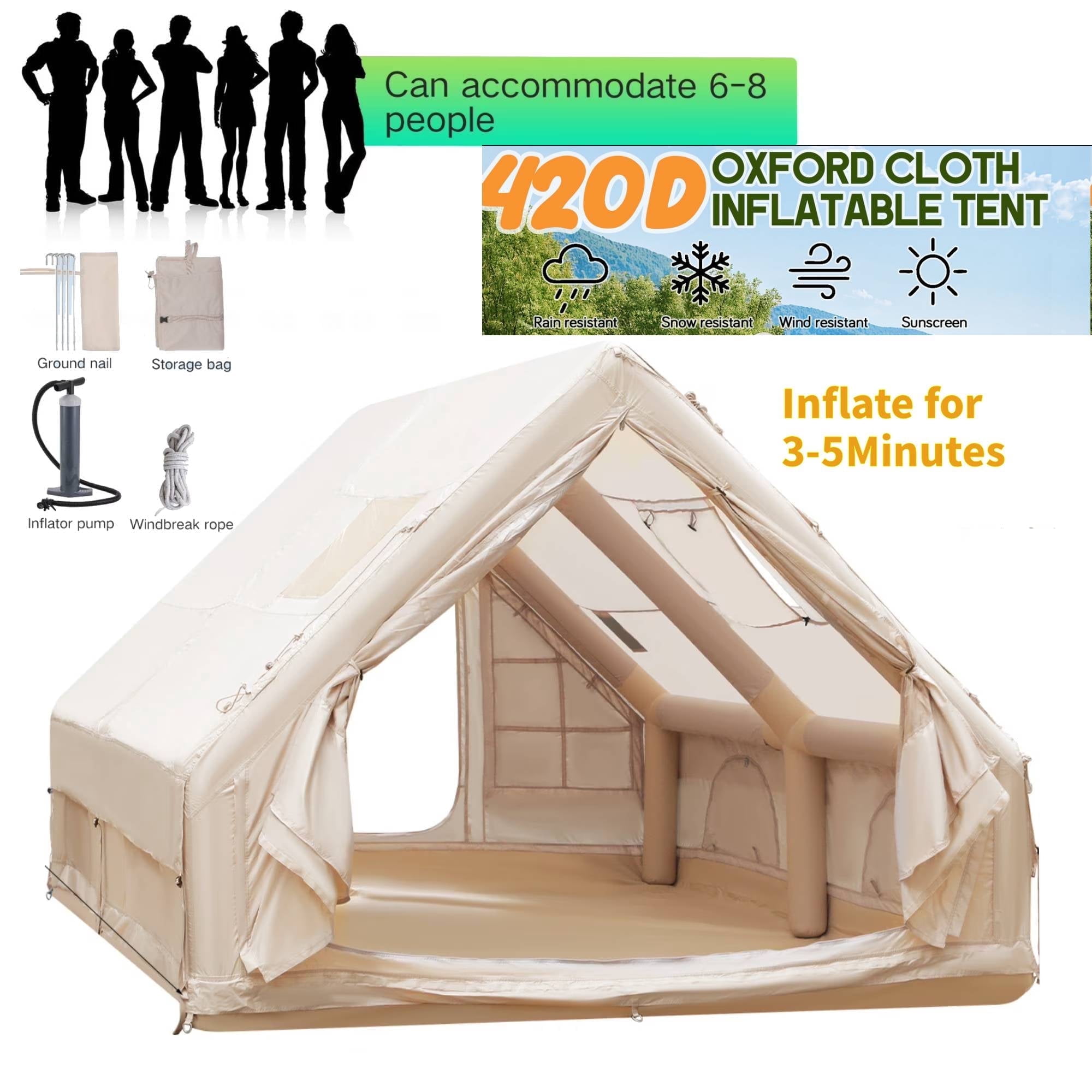 Hemoton Outdoor Inflatable Camping Tent Weatherproof Fabric（2-8 Person ）