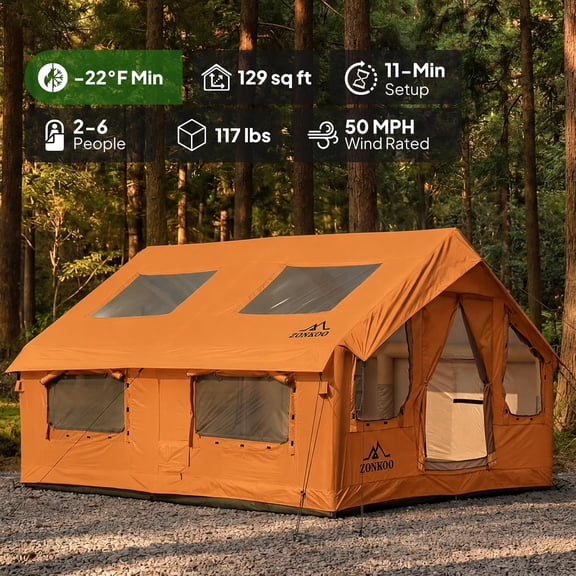 Inflatable Tents for Camping 2-6 Person 129 sq ft Blow up Tent with Skylights and Pump Quick Setup Waterproof Oxford Air Glamping Tents with Stove Jack Opening, 4 Season Hot Tent for Family Trips
