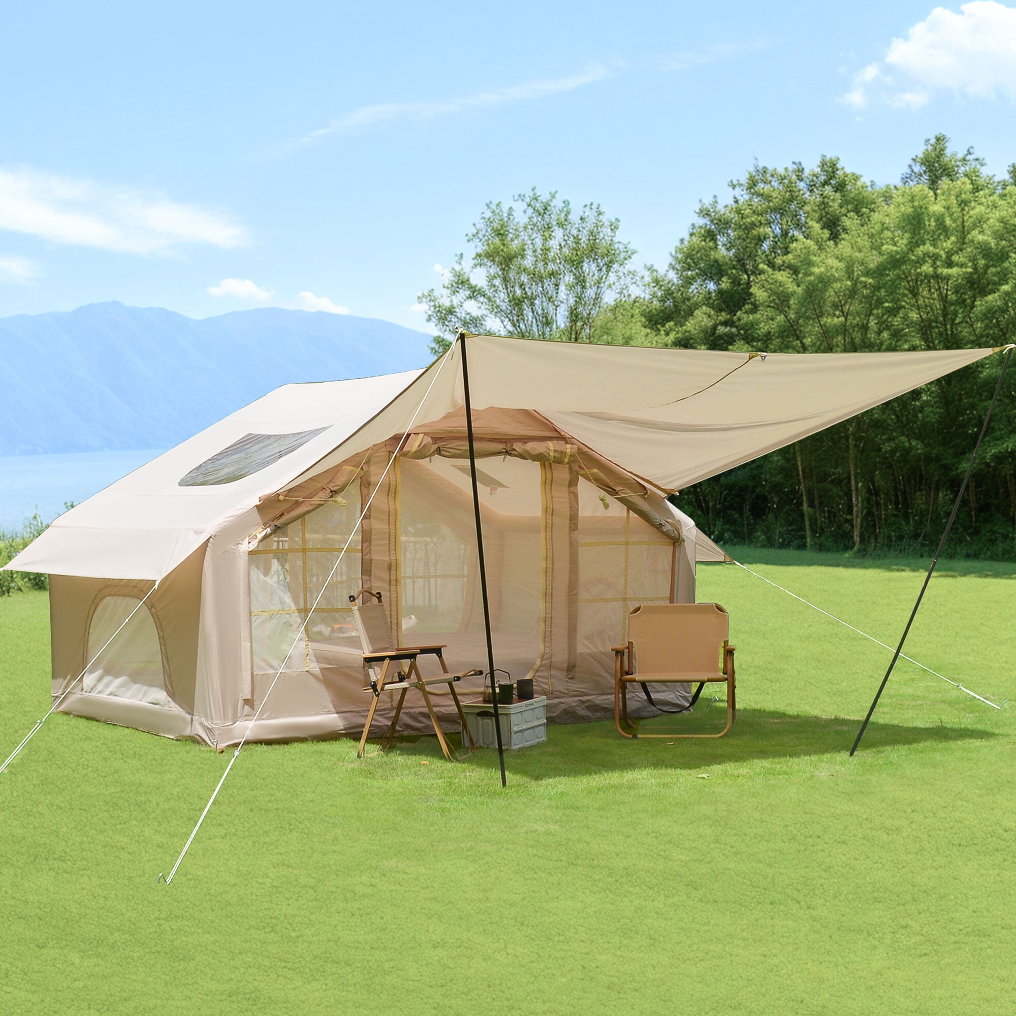 Inflatable Tents for Camping, 4-6 Person Blow Up Tent with Skylight, Detachable Canopy, Manual Pump, N300 Mesh Windows Stove Jack Waterproof 420D Oxford Air Tent for Family Glamping