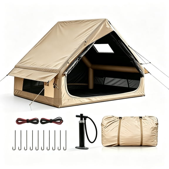 Inflatable Tents for Camping with Skylight, Easy Setup Waterproof and Windproof Blow up Tent, 4 Seasons Oxford Cabin Tent with Mesh Window & Hand Pump, Family Camping, Outdoor Use, 2-4 Person