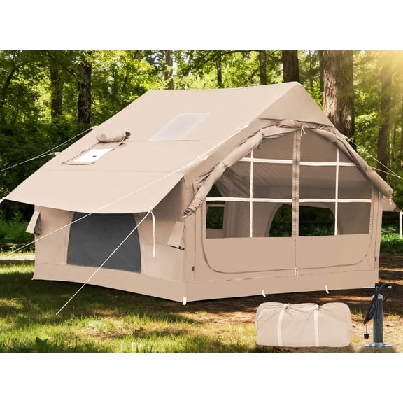 Inflatable Tents for Camping with Stove Jack,4-6 Person Easy Setup Blow Up Tents for 4 Seasons Waterproof Inflatable Camping Tent with Clear Skylight, Air House Glamping Tents for Adult