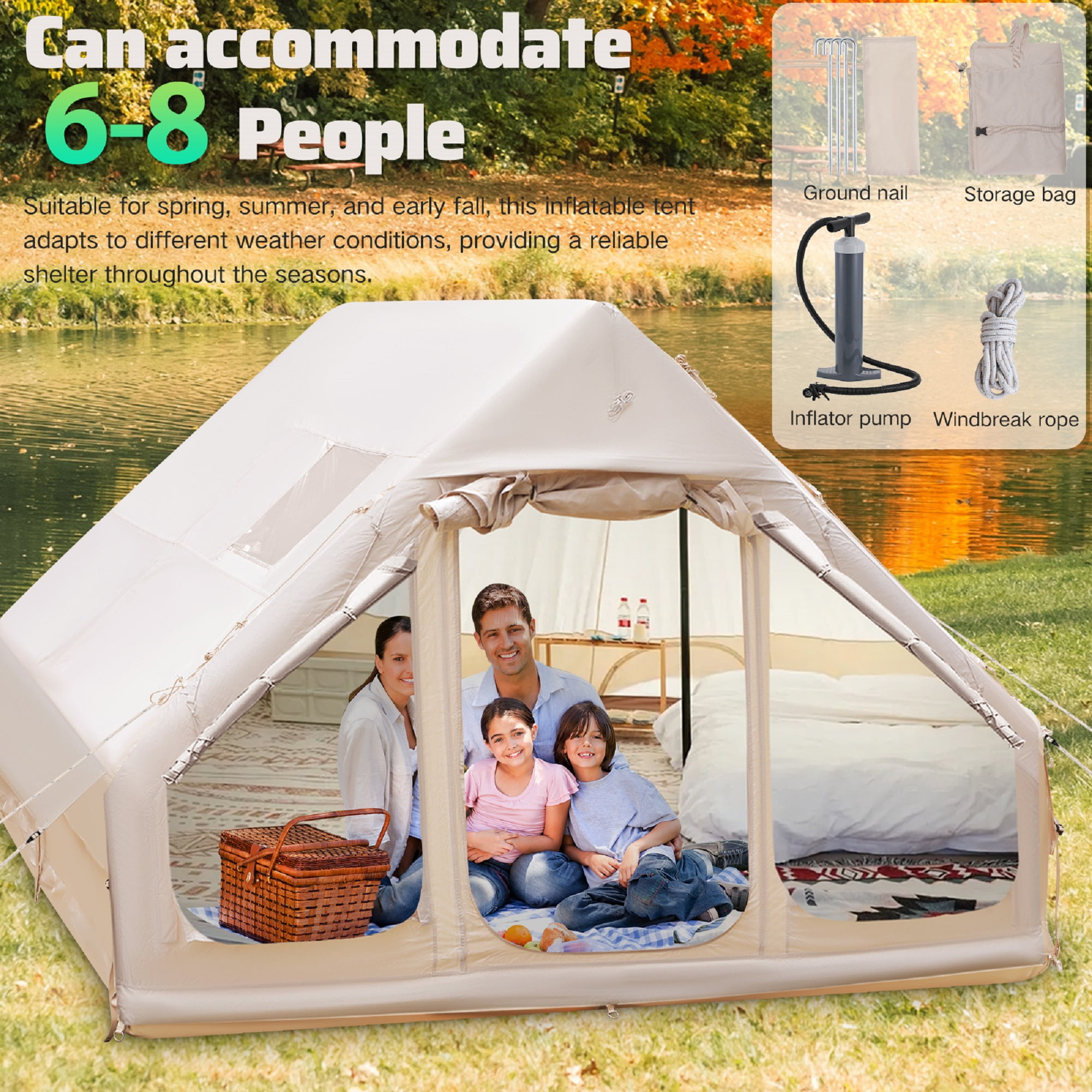 Beige Inflatable Camping Tent 420D Oxford PVC Multi-Season Easy Setup