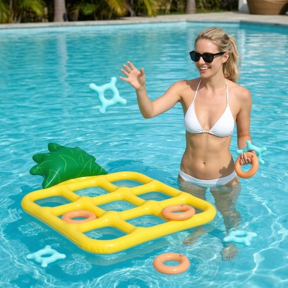 Inflatable Tic Tac Toe & Ring Toss Pool Game – Floating Water Activity Set for Adults,Summer Pool Party Outdoor Beach Social Fun 1Pack