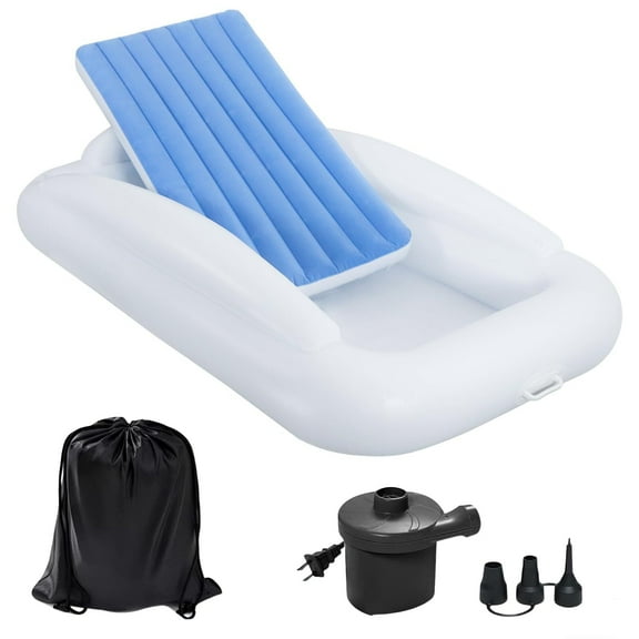 Inflatable Toddler Travel Bed with Safety Bumpers, 63 Inches Portable Kids Air Mattress with High-Speed Pump, Inflatable Toddler Bed for Travel Camping and Grandmas House, Blue