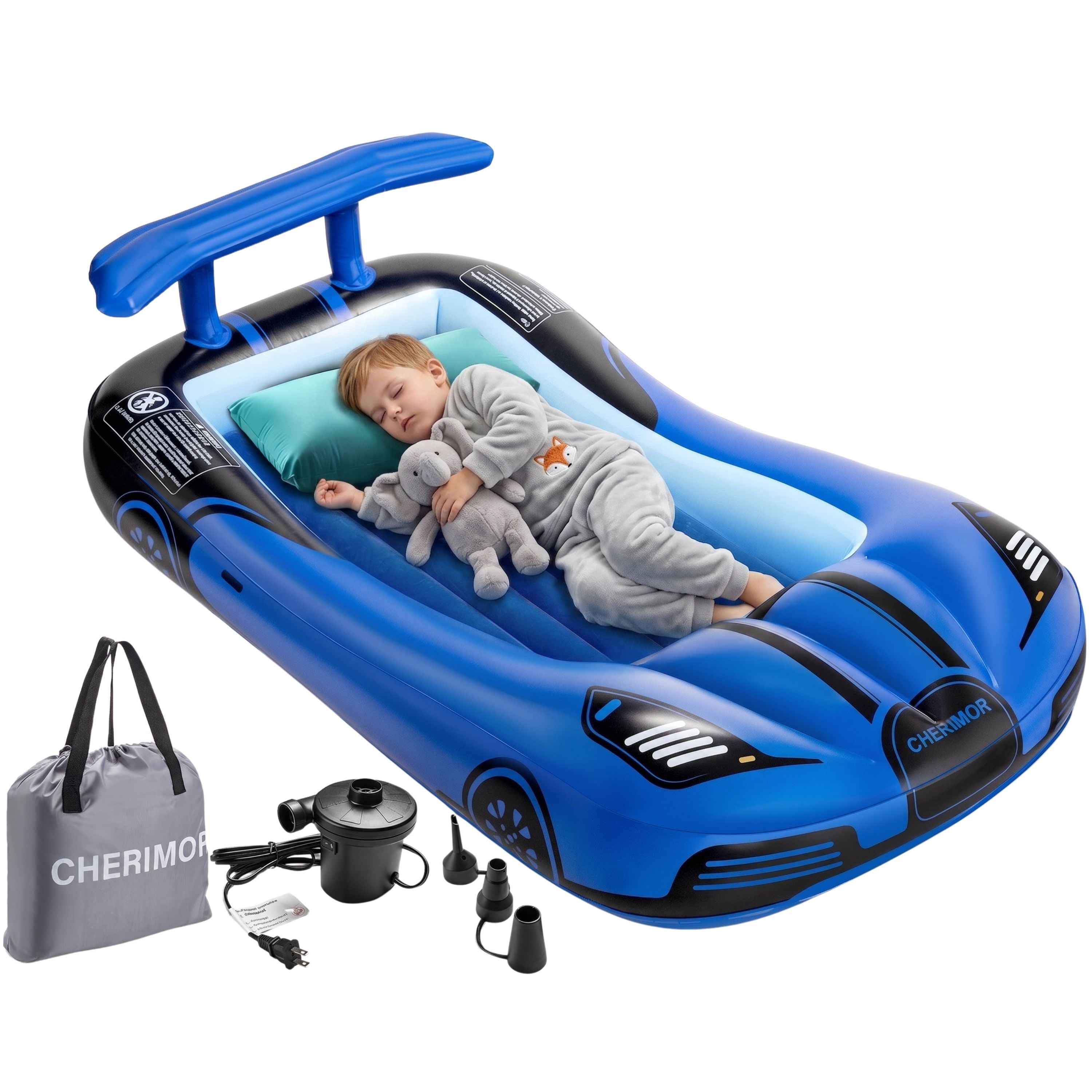 Cherimor Inflatable Toddler Bed, Racing Vehicle Blow Up Mattress for Kids Travel with 4-Side Safety Rail Bumpers, 2-Min Quick Auto Pump, Heavy Duty 330lb Capacity, Portable Toddler Airbed, Blue