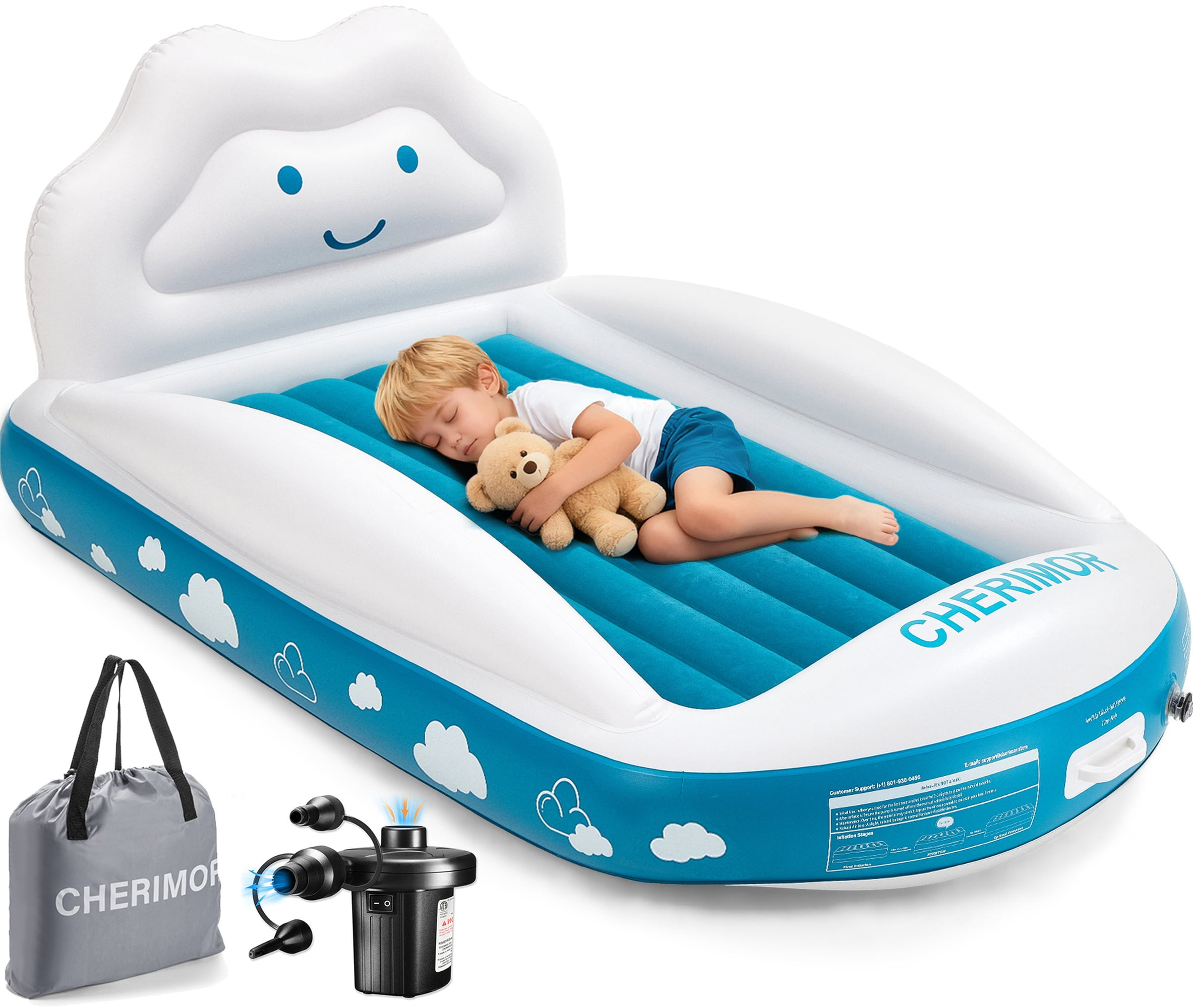 Inflatable Toddler Travel Bed Air Mattress with Safety Bumpers and Electric Pump - 330lb Capacity Portable Kids Bed - 40" x 63" Portable Blow Up Bed for Travel, Camping, Sleepovers
