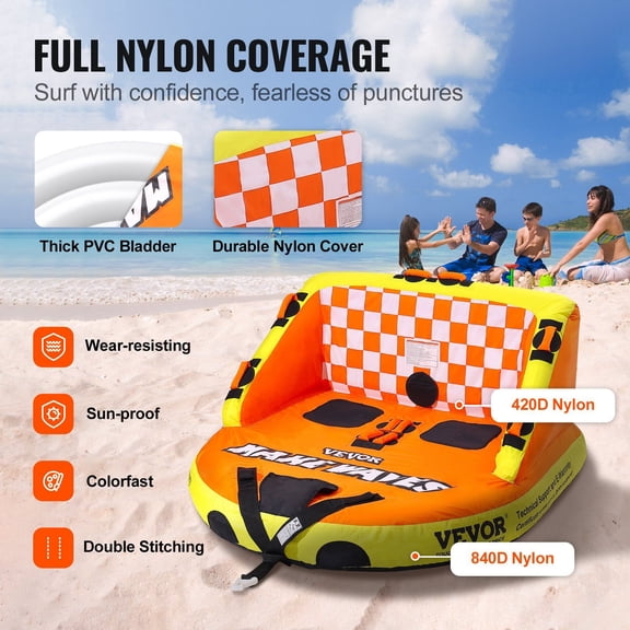 Inflatable Towable Tube for Boating, 1-2 Person Capacity with Deck Seats & Backrest, 340 lbs Weight Capacity, Full Nylon Cover, EVA Grab Handles & Speed Safety Valve for Water Sports