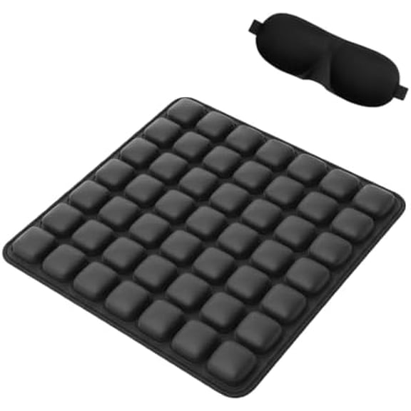 Inflatable Travel Airplane Seat Cushion, Press-to-Inflate Pressure Seat Cushion for Office Chair, Car & Wheelchair, Coccyx Buttock Pain Relief, with 3D Light Blocking Eye Mask (49 Air Cells)$$Office