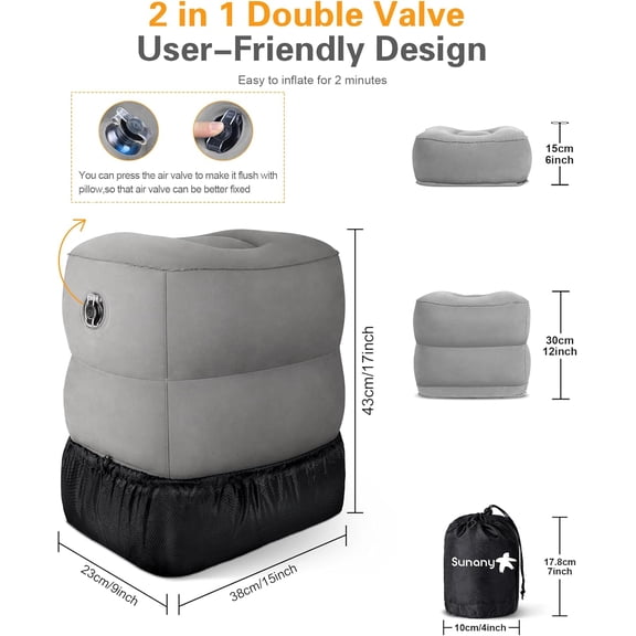 Inflatable Travel Foot Rest Pillow, Airplane Bed for Kids and Toddler, Adjustable Height Portable Elevating Leg, Trains, Cars, Home, Office (2 Pack)
