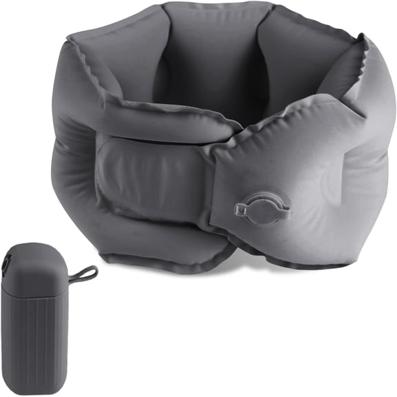 Inflatable Travel Neck Pillow, U-Shape, Dark Gray Nylon, Portable for Airplane, Train, Car, Office Use, Adult Size