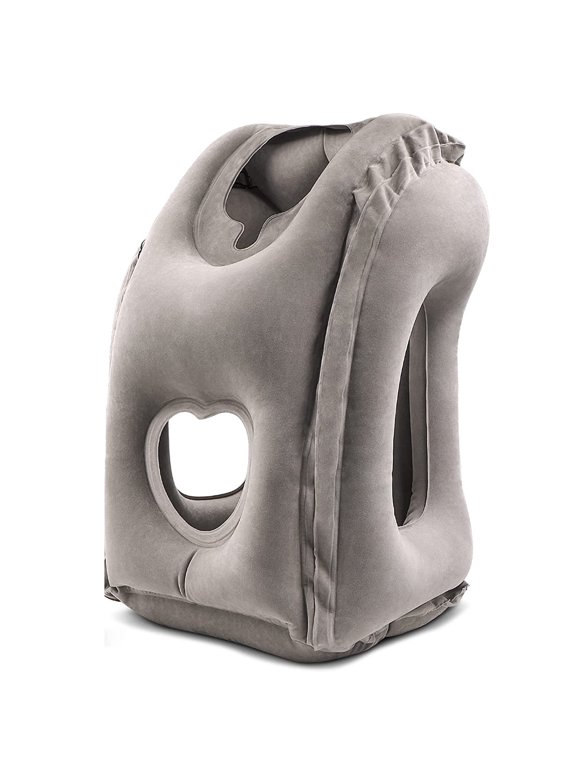 Inflatable Travel Pillow, Airplane Neck Pillow Comfortably Supports Head and Chin for Airplanes, Trains, Cars and Office Napping with 3D Eye Mask, Earplugs and Portable Drawstring Bag (Grey)