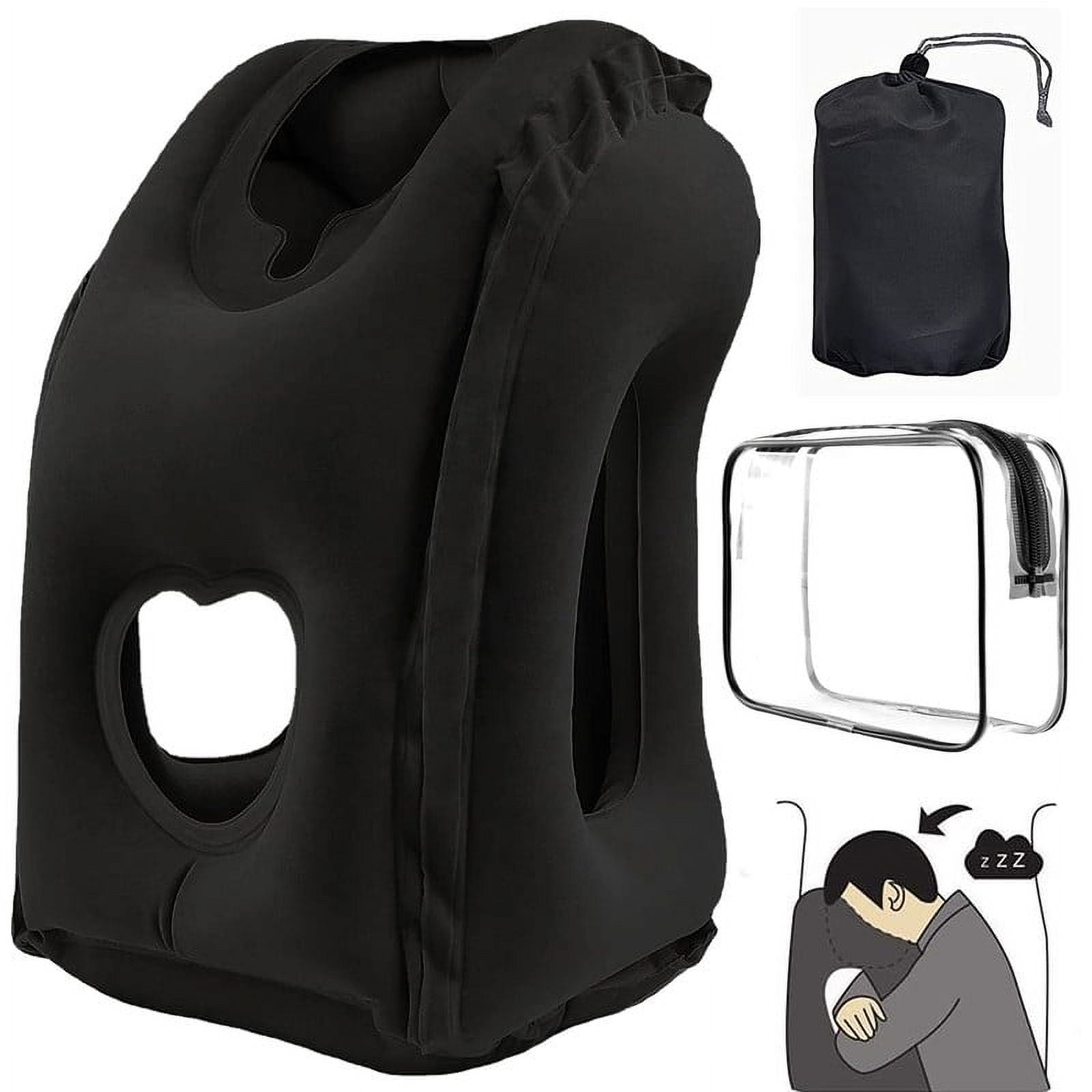 Blow Up Neck Pillow for Airplanes with Transparent Aviation Makeup Bag