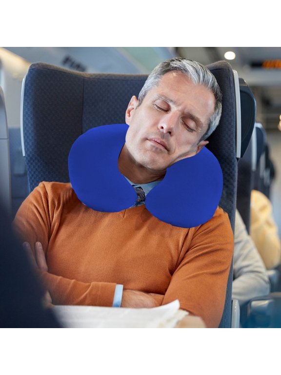 Inflatable Travel Pillow Neck Support, VVQ Soft PVC Portable Compact C Shaped Outdoor Nap Pillow for Airplane Car Office, Blue