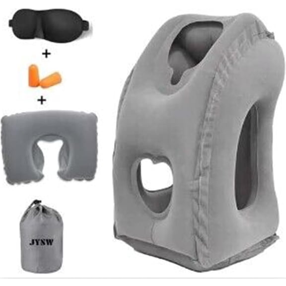 Inflatable Travel Pillow,U-Shaped JYSW Portable Airplane Pillow Multifunctional Neck and Head Support Lap Pillow for Airplanes Trains Buses and Office Napping with Eye Mask, Earplugs, Grey