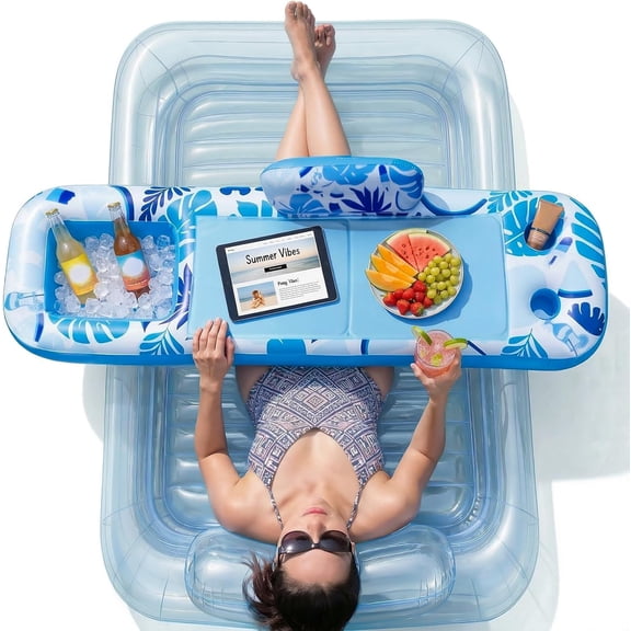 Inflatable Tray for Tanning Pool Float 61" L x 18" W Extra Large Tray with Non-Slip and Cooler Container, Designed for Sunbathing Bed, Tanning Lounge & Water Blow Up, Ball Pit, Party Gifts