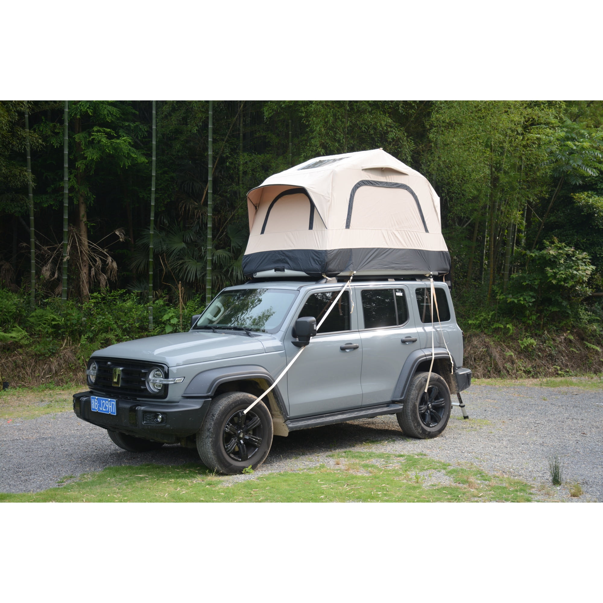 Inflatable Truck Roof Tent for Car and SUV, 2-3 Person Rooftop Camping Tent with Air-Beam Base and Skylight, Black and Cream