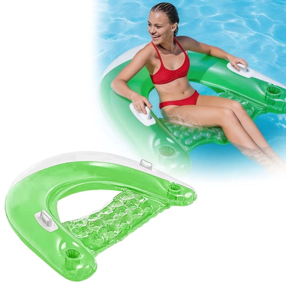 Inflatable U Shaped Pool Float with Cup Holders Heavy Duty Water Floating Leisure Gear for Pool Beach Lake and Summer Mesh Bottom Handles for Easy Entry and Safe Rest, 99cm×82cm, Green