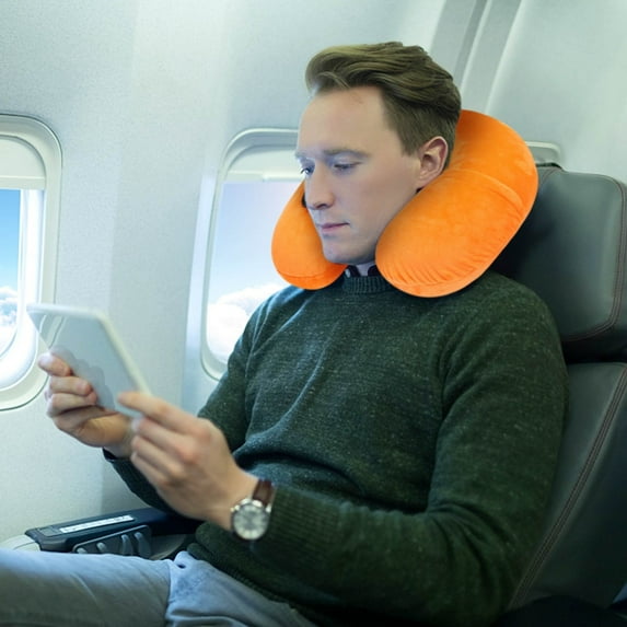 Inflatable U-Shaped Travel Neck Pillow - Soft Warm Textured Airplane Neck Cushion, Elastic Comfortable Blow-Up Neck Support, Portable Inflatable Neck Pillow for Travel Commuting