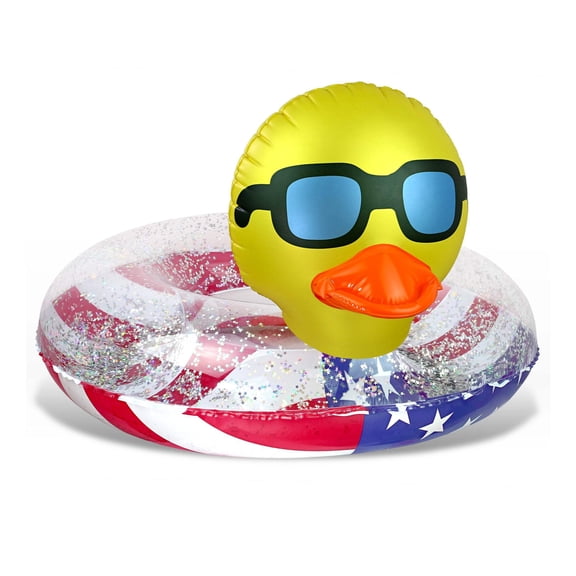 Inflatable USA Flag Duck Pool Tube with Sparkling Silver Stars Confetti 36 Inch