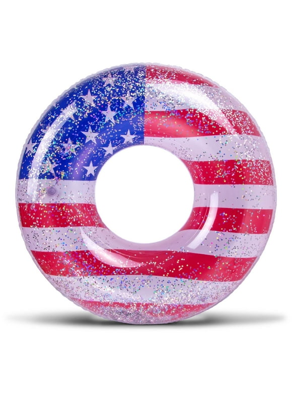 Inflatable USA Pool Float - Luxurious Ring Pool Float with Sparkling Silver Stars Confetti with Cute American Flag Pool Float Design, Perfect 4th of July Pool Float for Beach, Lake, and Pool - 36 Inch