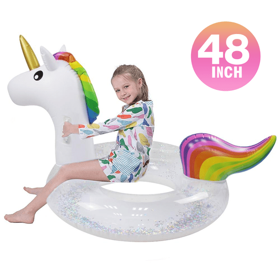 Inflatable Unicorn Pool Float Ride with Fast Valves Large Rideable Blow-up Summer Beach Swimming Pool Toys Kids Adults (48 inch)