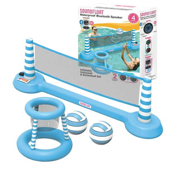 SOUNDFLOAT 4-Piece Volleyball Net and Basketball Hoop Inflatable Pool Float Set with Built-in Speaker