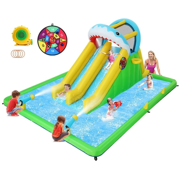 Inflatable Water Bounce House for Ki-ds 3-12 Years, Shark Attack Fun Zone - 8-in-1 Playset with Dual Water Slides, Ball Pit & Games | Ultimate Outdoor Fun, Green