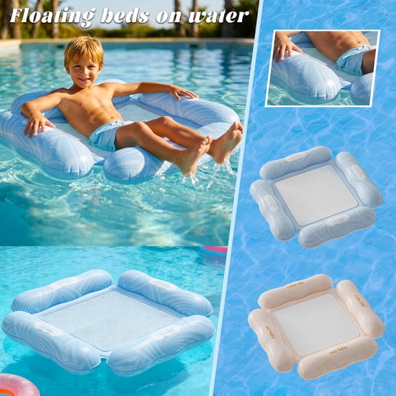 Inflatable Water Float 43"*40" Swimming Pool Lounger with Mesh Center Portable Floating Bed for Summer Beach Pool Party Water Relaxation Mat for Adults Blue
