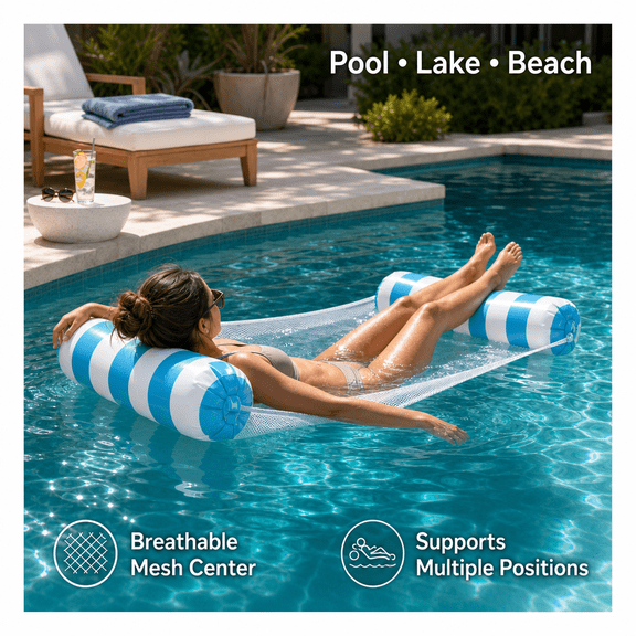 Inflatable Water Hammock, 45x27" Foldable Mesh Pool Float, Comfortable Swimming Bed for Adults