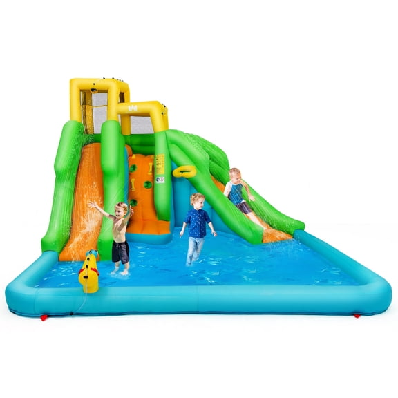 Costway Inflatable Water Park Bounce House with Climbing Wall Two Slides Splash Pool without Blower