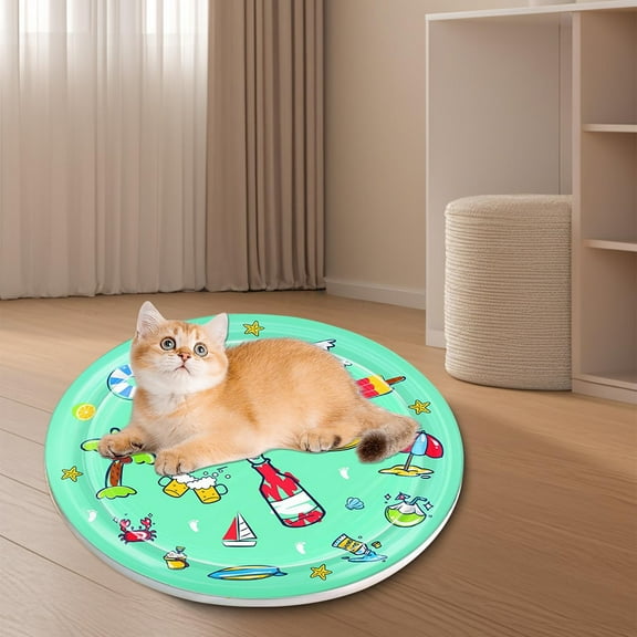 Inflatable Water Play Mat Round Shape Water Sensory Pad with Fish Design for adult Pets Interactive Play Mat Thickened PVC Material Outdoor Indoor Water Activity Game Mat