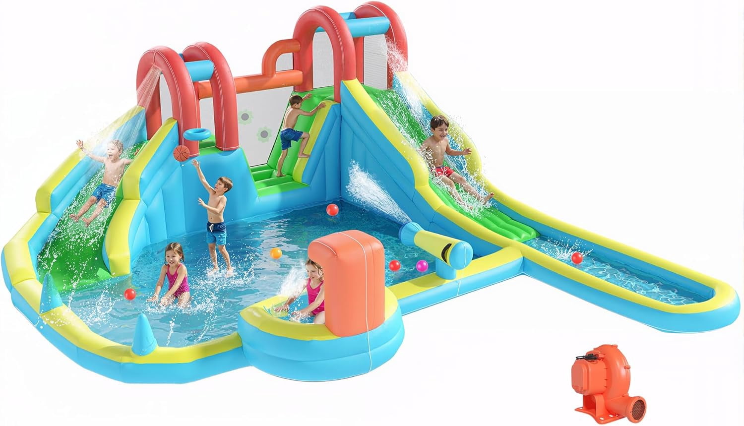 Inflatable Water Slide,10 in 1 Double Water Slide Bounce House for Kids 3-12 with Blower, Splash Pool, Water Cannon, Climbing Wall, Basketball Hoop for Kids Indoor Outdoor Backyard