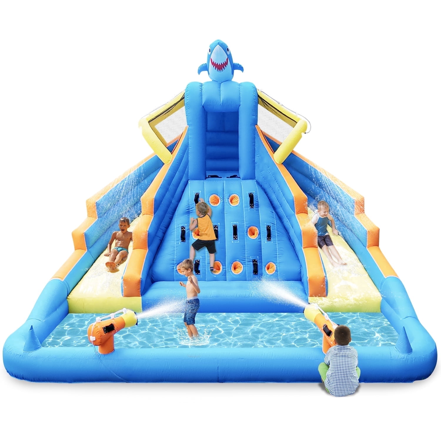 COCOFISH 13FT Shark Inflatable Water Slide for Indoor & Outdoor Use, with Dual Slides, Climbing Wall, Pool, Water Cannon and 680W Blower