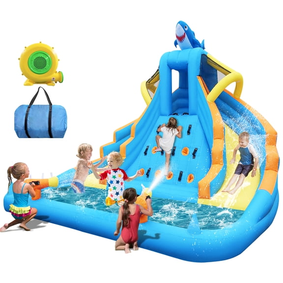 COCOFISH 13FT Shark Inflatable Water Slide for Indoor & Outdoor Use, with Dual Slides, Climbing Wall, Pool, Water Cannon and 680W Blower