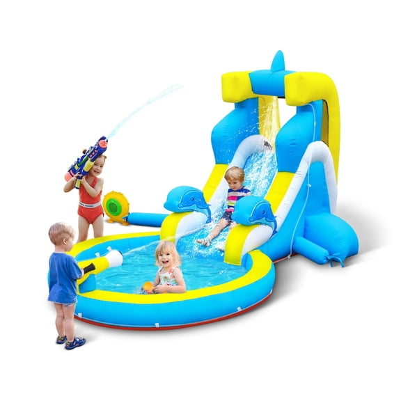 Inflatable Water Slide: 4 in 1 Bounce House Water Park Dolphin Style for Kids - Climbing Wall Splash Pool Water Cannon - 370W Blower - Wet & Dry Indoor Outdoor Backyard Birthday Party