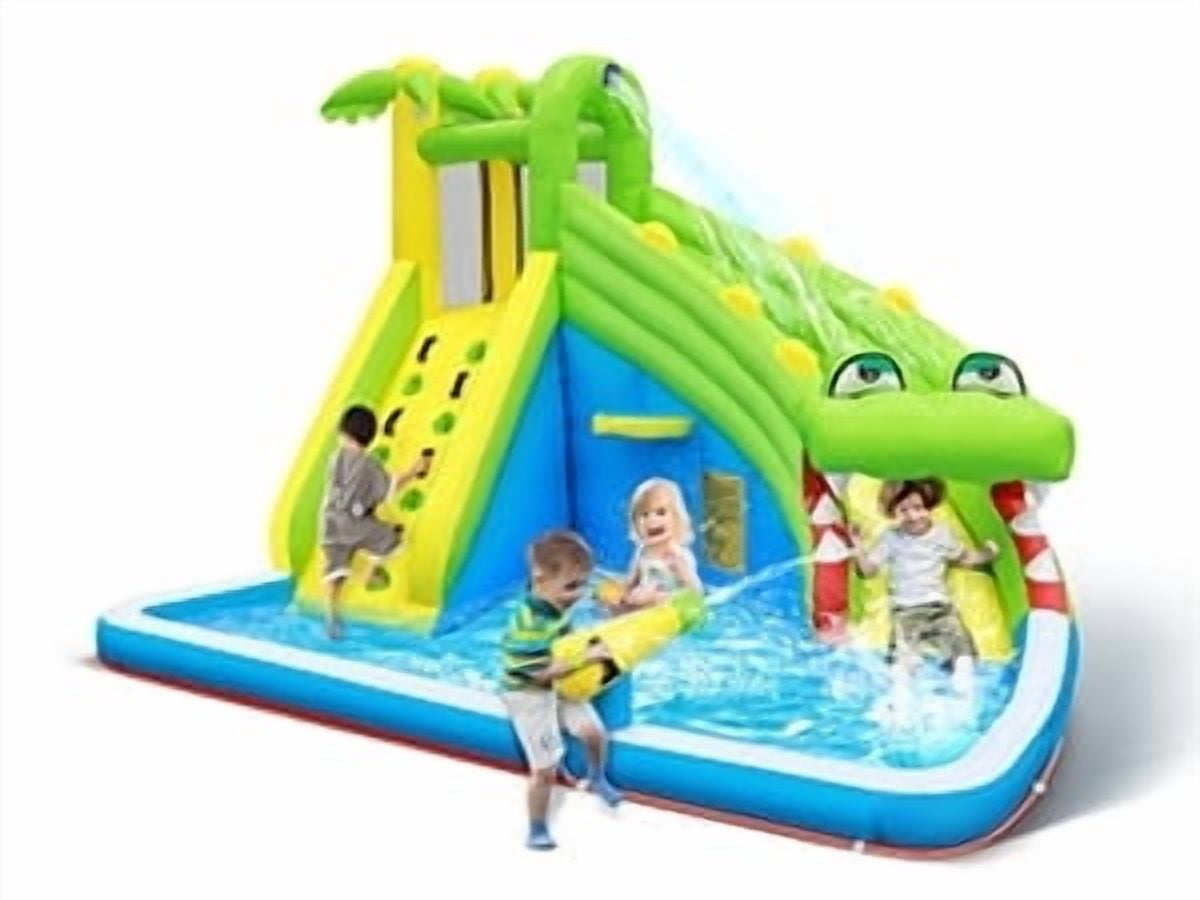Inflatable Water Slide：5 in 1 Crocodile Bounce House Water Park for Kids - Climbing Wall Splash Pool Water Cannon Basketball Rim - 480W Blower - for Indoor Outdoor Backyard Birthday Party